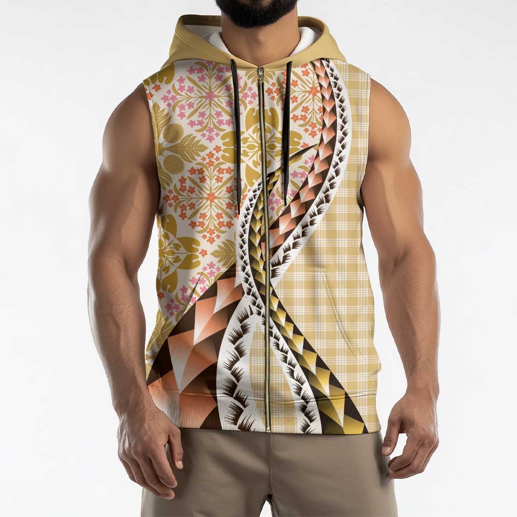 Aloha Vintage Palaka Floral Hawaiian Quilt Sleeveless Zip Hoodie Melemele Motif - Polynesian Pride
