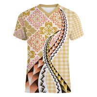 Aloha Vintage Palaka Floral Hawaiian Quilt Women V-Neck T-Shirt Melemele Motif - Polynesian Pride