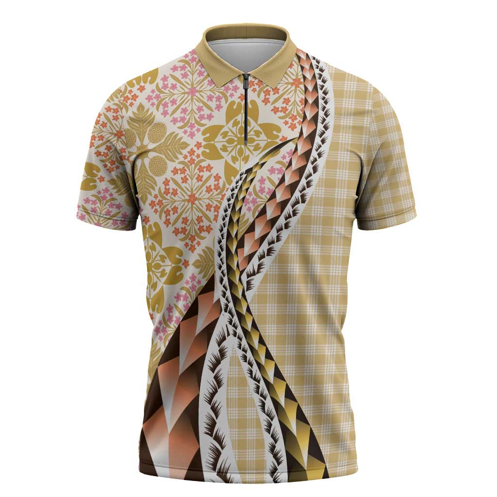 Aloha Vintage Palaka Floral Hawaiian Quilt Zipper Polo Shirt Melemele Motif - Polynesian Pride