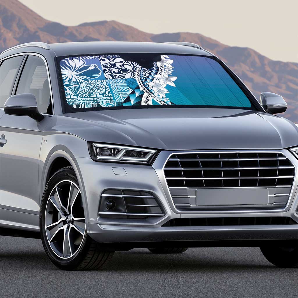 Aloha Vintage Plumeria Hawaiian Tapa Pattern Auto Sun Shade Blue Hawaiian Tapa Pattern - Polynesian Pride