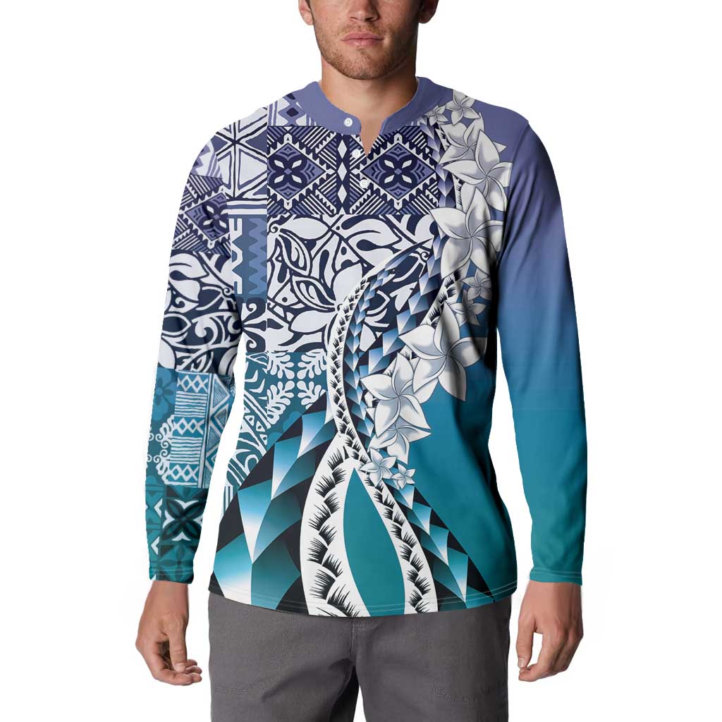 Aloha Vintage Plumeria Hawaiian Tapa Pattern Button Sweatshirt Blue Hawaiian Tapa Pattern - Polynesian Pride