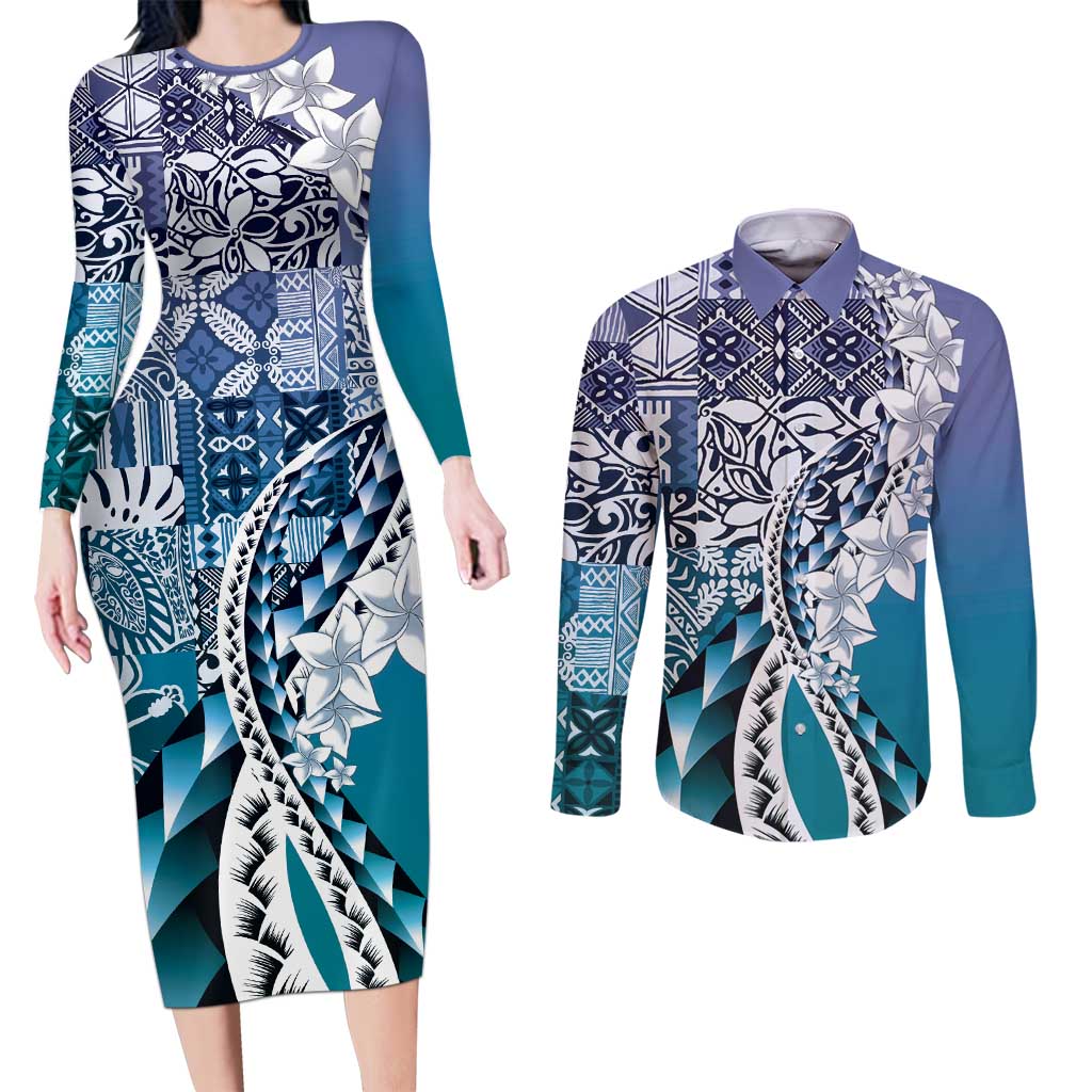 Aloha Vintage Plumeria Hawaiian Tapa Pattern Couples Matching Long Sleeve Bodycon Dress and Long Sleeve Button Shirt Blue Hawaiian Tapa Pattern - Polynesian Pride