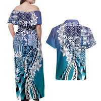 Aloha Vintage Plumeria Hawaiian Tapa Pattern Couples Matching Off Shoulder Maxi Dress and Hawaiian Shirt Blue Hawaiian Tapa Pattern - Polynesian Pride