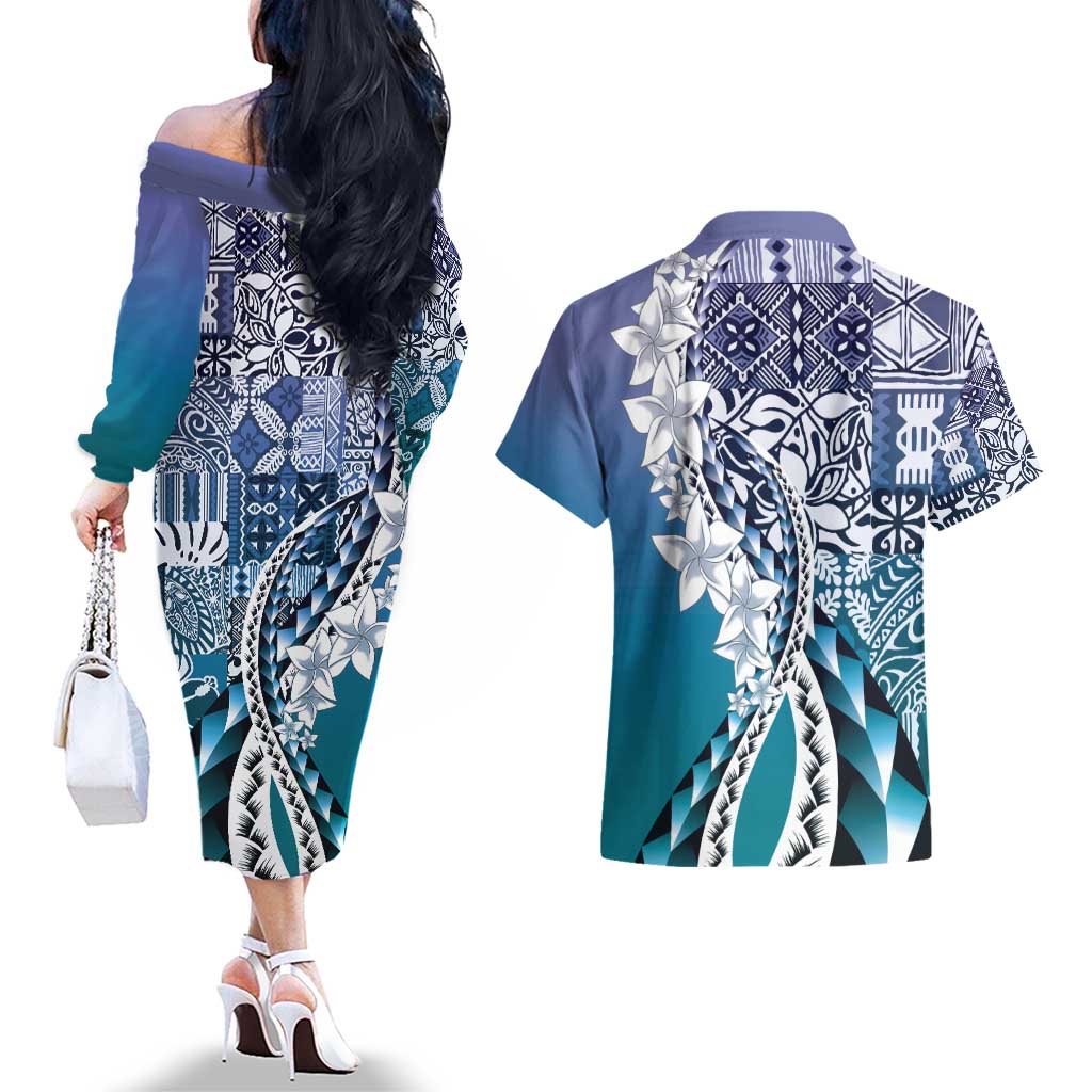 Aloha Vintage Plumeria Hawaiian Tapa Pattern Couples Matching Off The Shoulder Long Sleeve Dress and Hawaiian Shirt Blue Hawaiian Tapa Pattern - Polynesian Pride