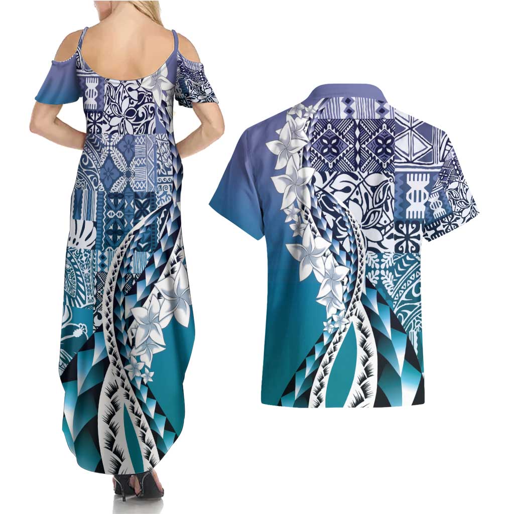 Aloha Vintage Plumeria Hawaiian Tapa Pattern Couples Matching Summer Maxi Dress and Hawaiian Shirt Blue Hawaiian Tapa Pattern - Polynesian Pride
