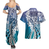 Aloha Vintage Plumeria Hawaiian Tapa Pattern Couples Matching Summer Maxi Dress and Hawaiian Shirt Blue Hawaiian Tapa Pattern - Polynesian Pride
