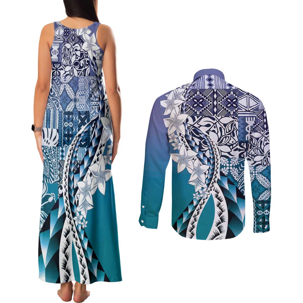 Aloha Vintage Plumeria Hawaiian Tapa Pattern Couples Matching Tank Maxi Dress and Long Sleeve Button Shirt Blue Hawaiian Tapa Pattern - Polynesian Pride