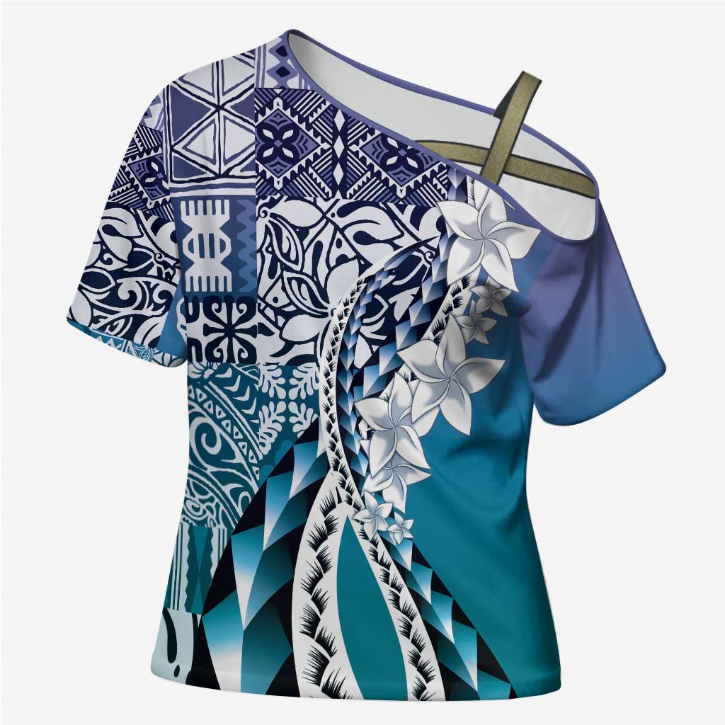 Aloha Vintage Plumeria Hawaiian Tapa Pattern Cross Shoulder Shirt Blue Hawaiian Tapa Pattern - Polynesian Pride