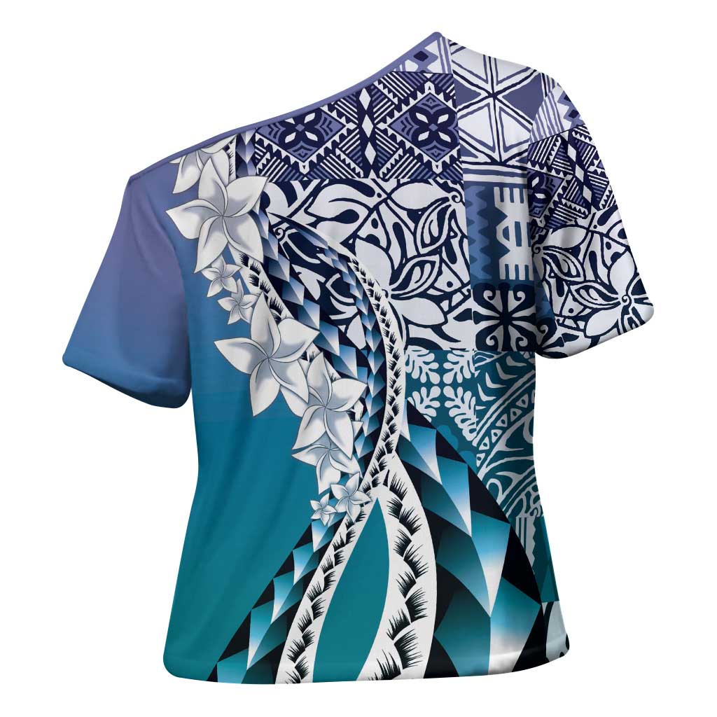 Aloha Vintage Plumeria Hawaiian Tapa Pattern Cross Shoulder Shirt Blue Hawaiian Tapa Pattern - Polynesian Pride