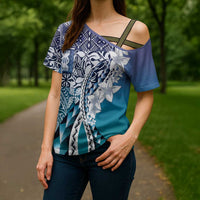 Aloha Vintage Plumeria Hawaiian Tapa Pattern Cross Shoulder Shirt Blue Hawaiian Tapa Pattern - Polynesian Pride
