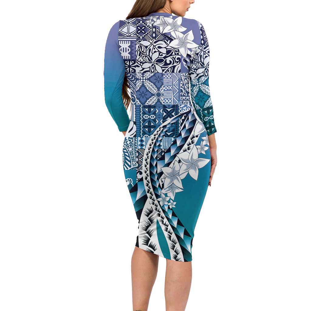 Aloha Vintage Plumeria Hawaiian Tapa Pattern Family Matching Long Sleeve Bodycon Dress and Hawaiian Shirt Blue Hawaiian Tapa Pattern - Polynesian Pride