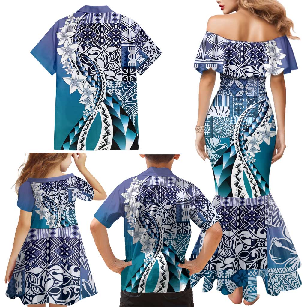 Aloha Vintage Plumeria Hawaiian Tapa Pattern Family Matching Mermaid Dress and Hawaiian Shirt Blue Hawaiian Tapa Pattern - Polynesian Pride