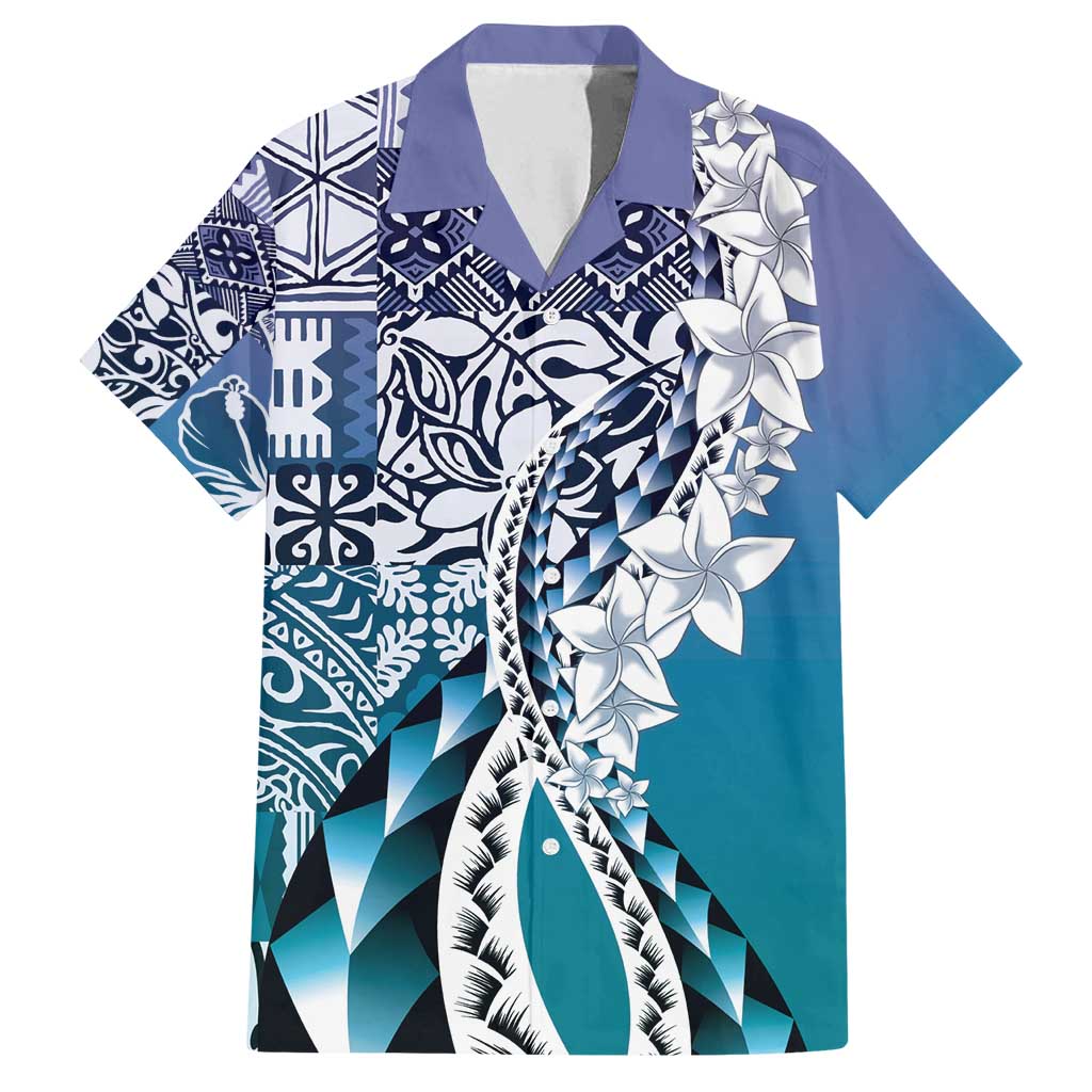 Aloha Vintage Plumeria Hawaiian Tapa Pattern Family Matching Off Shoulder Maxi Dress and Hawaiian Shirt Blue Hawaiian Tapa Pattern - Polynesian Pride