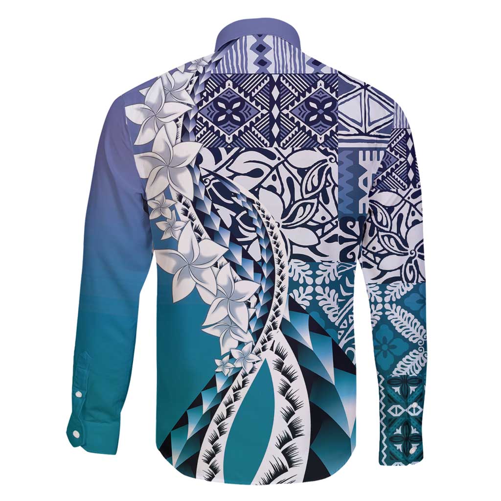 Aloha Vintage Plumeria Hawaiian Tapa Pattern Family Matching Off Shoulder Maxi Dress and Hawaiian Shirt Blue Hawaiian Tapa Pattern - Polynesian Pride