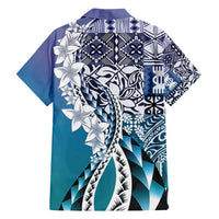Aloha Vintage Plumeria Hawaiian Tapa Pattern Family Matching Off Shoulder Short Dress and Hawaiian Shirt Blue Hawaiian Tapa Pattern - Polynesian Pride