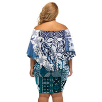 Aloha Vintage Plumeria Hawaiian Tapa Pattern Family Matching Off Shoulder Short Dress and Hawaiian Shirt Blue Hawaiian Tapa Pattern - Polynesian Pride