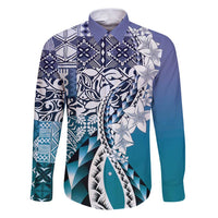 Aloha Vintage Plumeria Hawaiian Tapa Pattern Family Matching Puletasi and Hawaiian Shirt Blue Hawaiian Tapa Pattern - Polynesian Pride