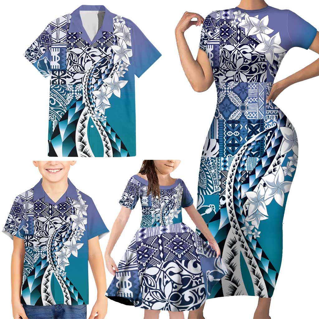 Aloha Vintage Plumeria Hawaiian Tapa Pattern Family Matching Short Sleeve Bodycon Dress and Hawaiian Shirt Blue Hawaiian Tapa Pattern - Polynesian Pride