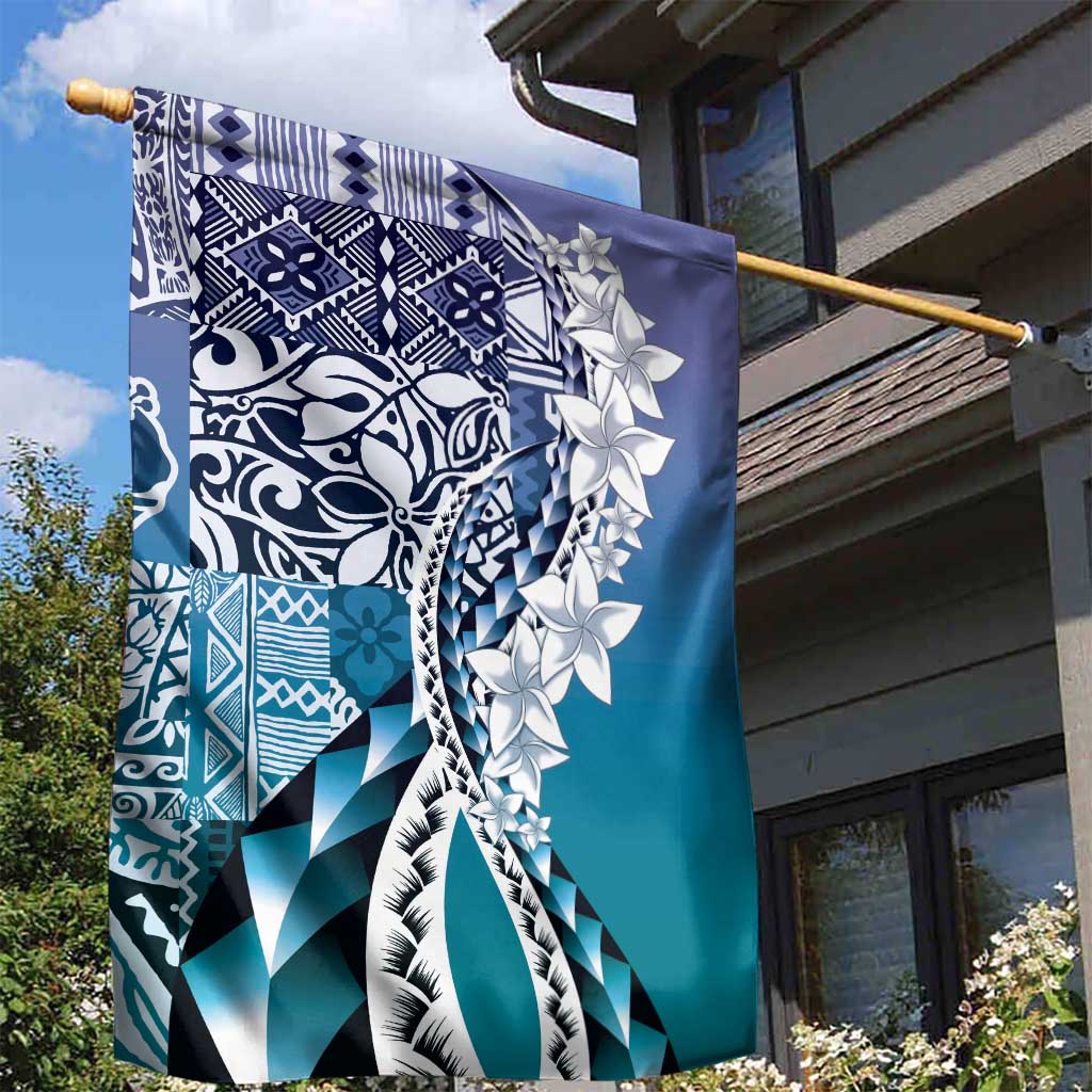 Aloha Vintage Plumeria Hawaiian Tapa Pattern Garden Flag Blue Hawaiian Tapa Pattern - Polynesian Pride