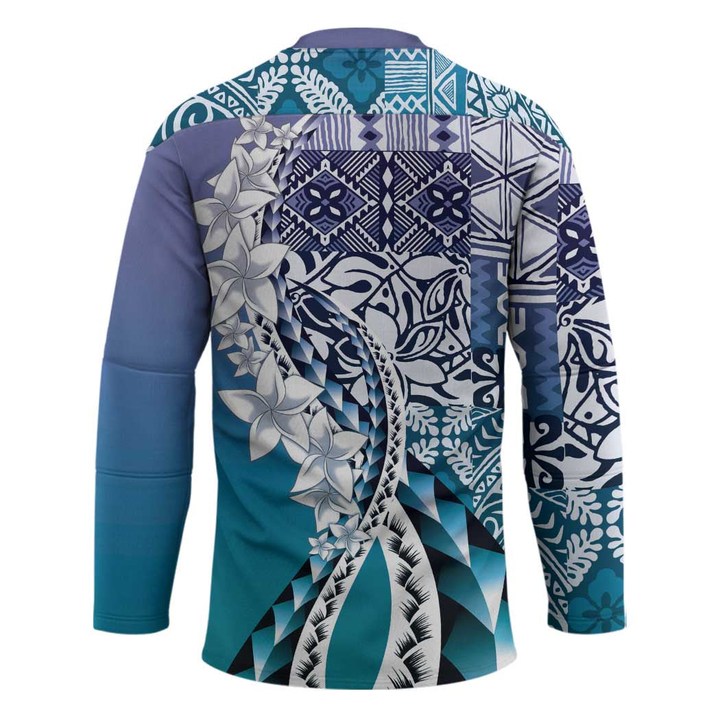 Aloha Vintage Plumeria Hawaiian Tapa Pattern Hockey Jersey Blue Hawaiian Tapa Pattern - Polynesian Pride