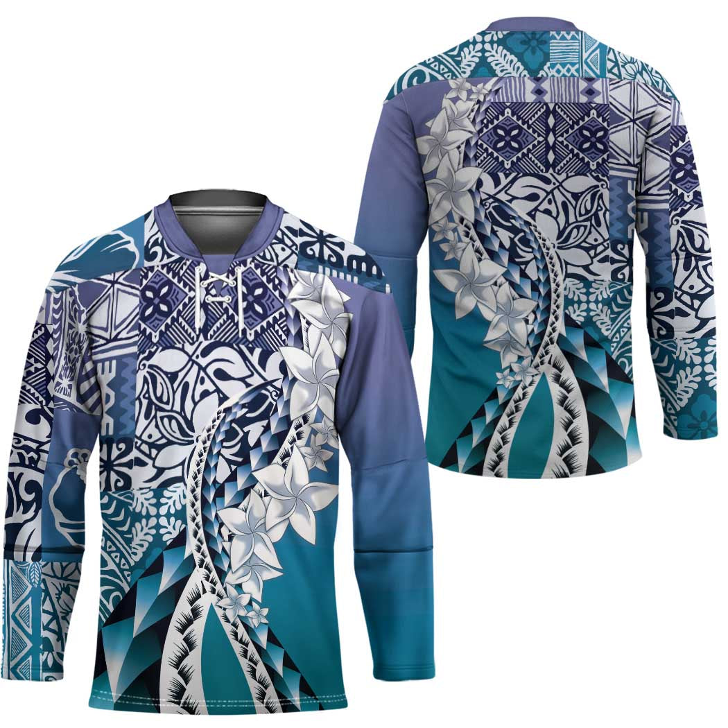 Aloha Vintage Plumeria Hawaiian Tapa Pattern Hockey Jersey Blue Hawaiian Tapa Pattern - Polynesian Pride