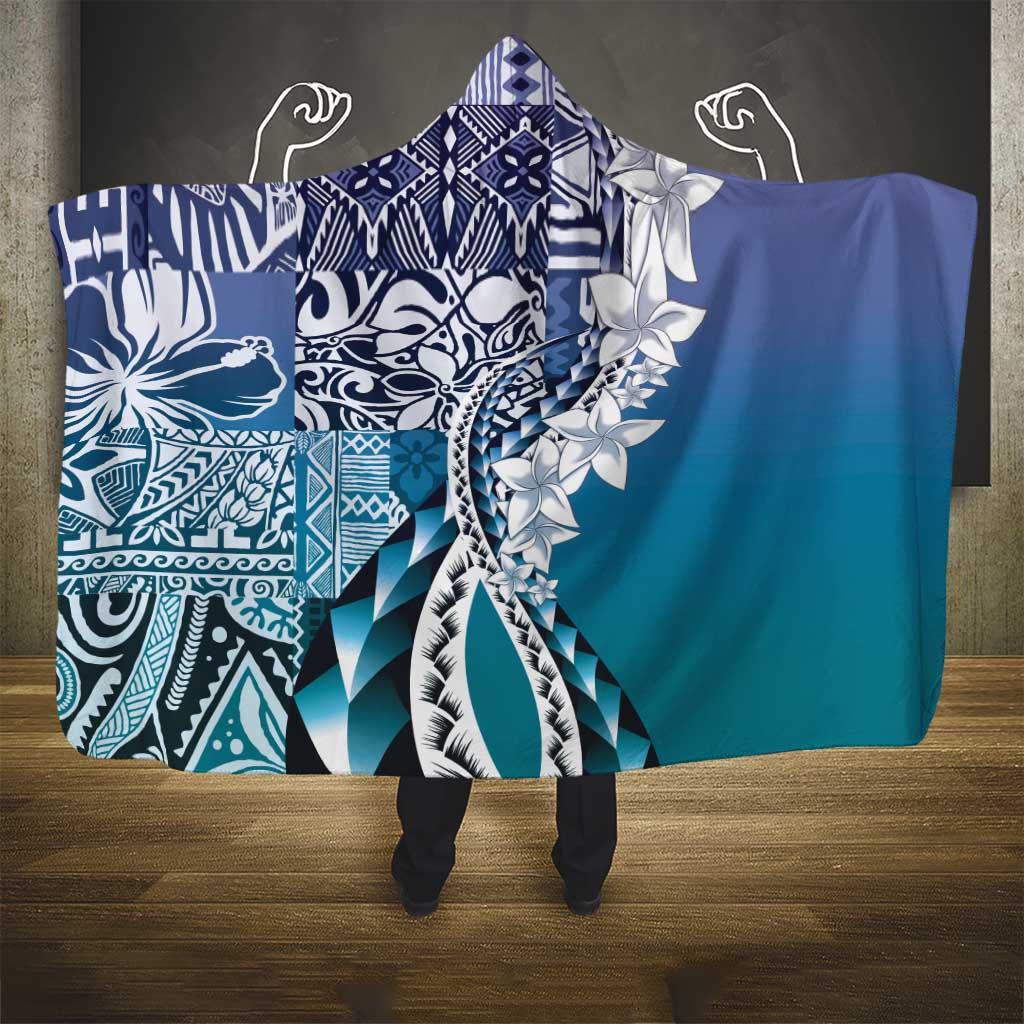 Aloha Vintage Plumeria Hawaiian Tapa Pattern Hooded Blanket Blue Hawaiian Tapa Pattern - Polynesian Pride