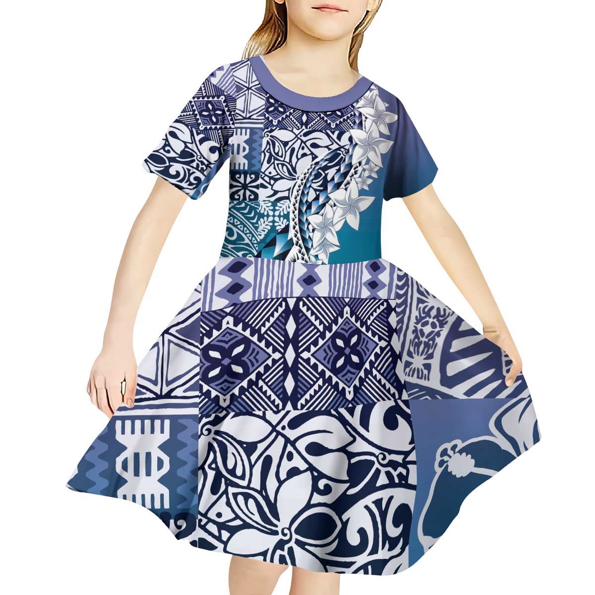 Aloha Vintage Plumeria Hawaiian Tapa Pattern Kid Short Sleeve Dress Blue Hawaiian Tapa Pattern - Polynesian Pride