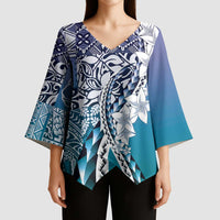 Aloha Vintage Plumeria Hawaiian Tapa Pattern Kimono Sleeve Blouse Blue Hawaiian Tapa Pattern - Polynesian Pride