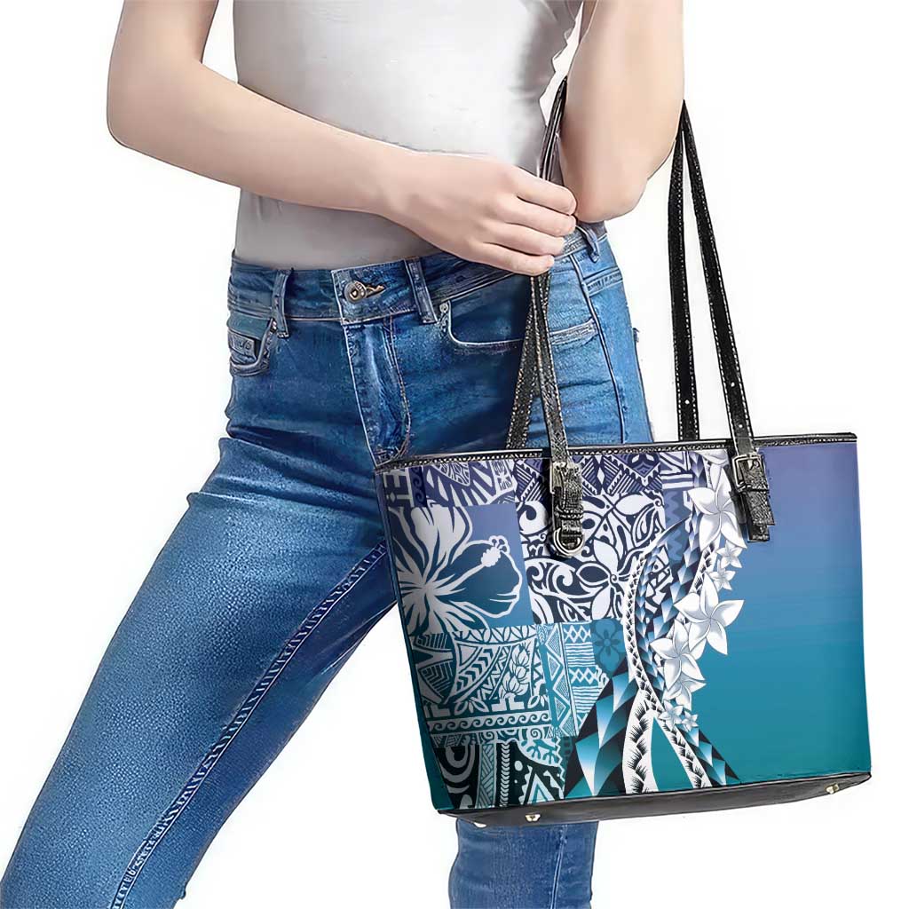 Aloha Vintage Plumeria Hawaiian Tapa Pattern Leather Tote Bag Blue Hawaiian Tapa Pattern - Polynesian Pride