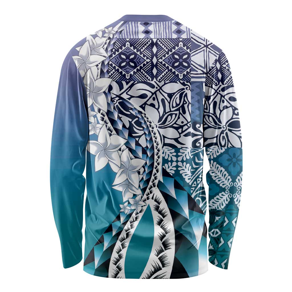 Aloha Vintage Plumeria Hawaiian Tapa Pattern Long Sleeve Shirt Blue Hawaiian Tapa Pattern - Polynesian Pride
