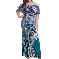 Aloha Vintage Plumeria Hawaiian Tapa Pattern Off Shoulder Maxi Dress Blue Hawaiian Tapa Pattern - Polynesian Pride