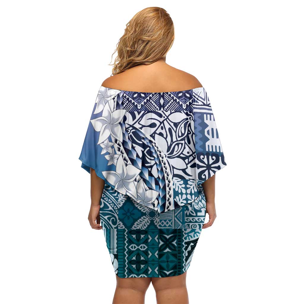 Aloha Vintage Plumeria Hawaiian Tapa Pattern Off Shoulder Short Dress Blue Hawaiian Tapa Pattern - Polynesian Pride