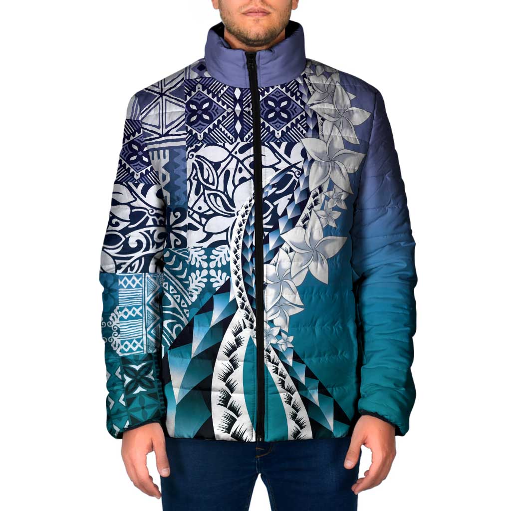 Aloha Vintage Plumeria Hawaiian Tapa Pattern Padded Jacket Blue Hawaiian Tapa Pattern - Polynesian Pride