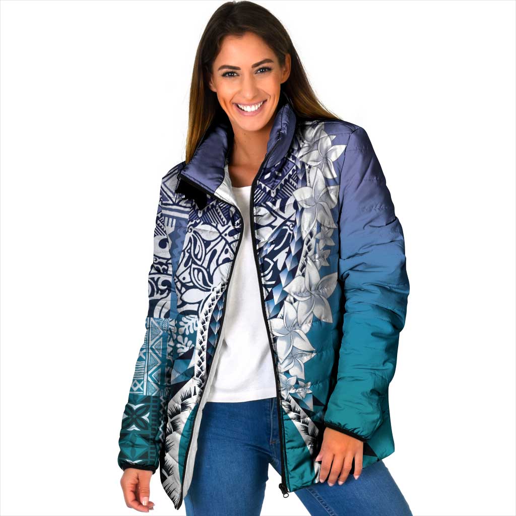 Aloha Vintage Plumeria Hawaiian Tapa Pattern Padded Jacket Blue Hawaiian Tapa Pattern - Polynesian Pride
