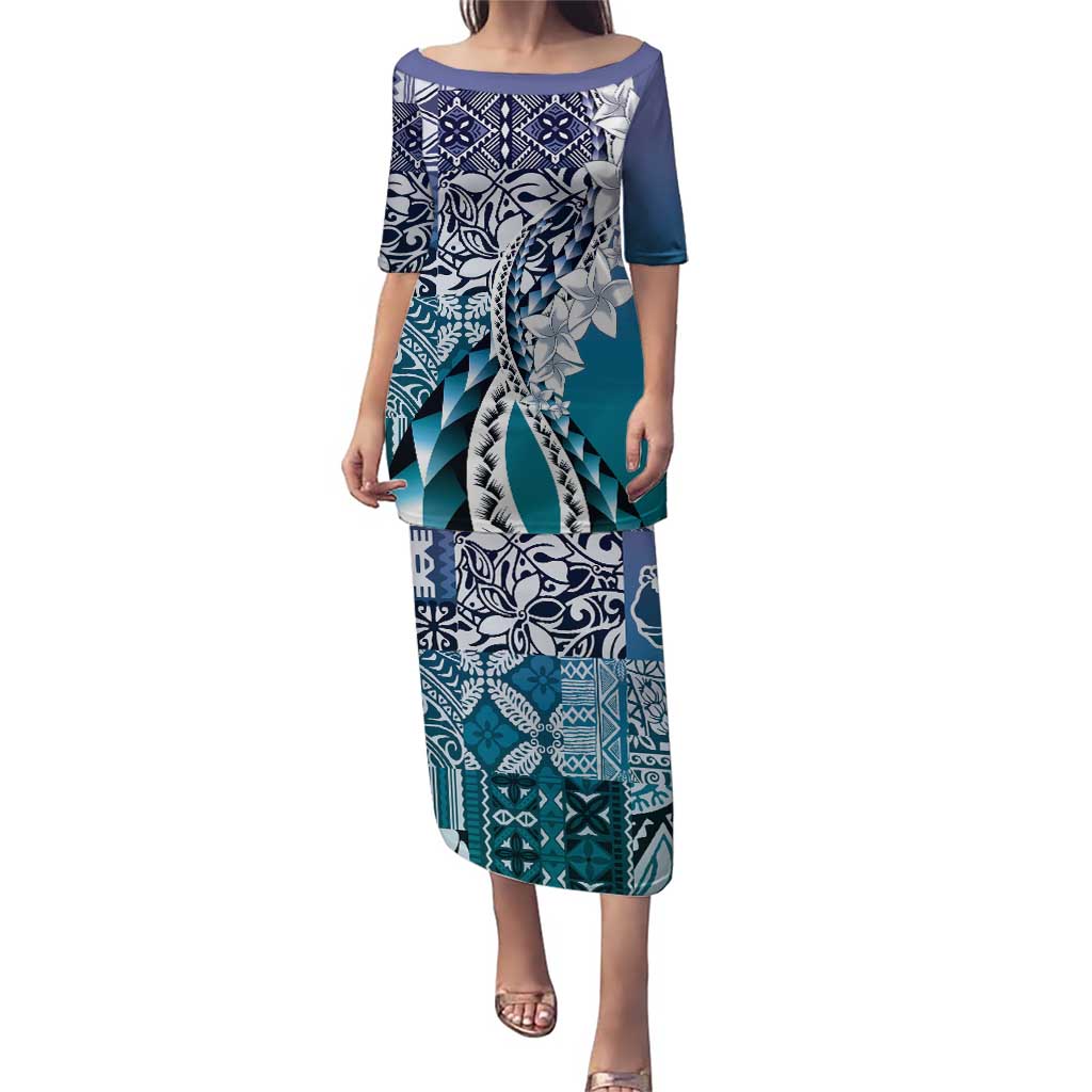 Aloha Vintage Plumeria Hawaiian Tapa Pattern Puletasi Blue Hawaiian Tapa Pattern - Polynesian Pride