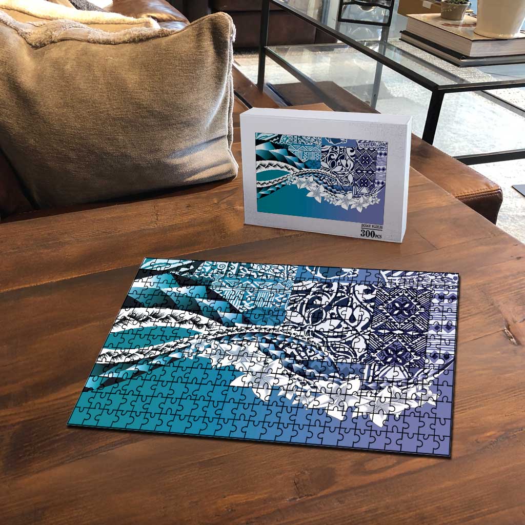 Aloha Vintage Plumeria Hawaiian Tapa Pattern Puzzle Blue Hawaiian Tapa Pattern - Polynesian Pride