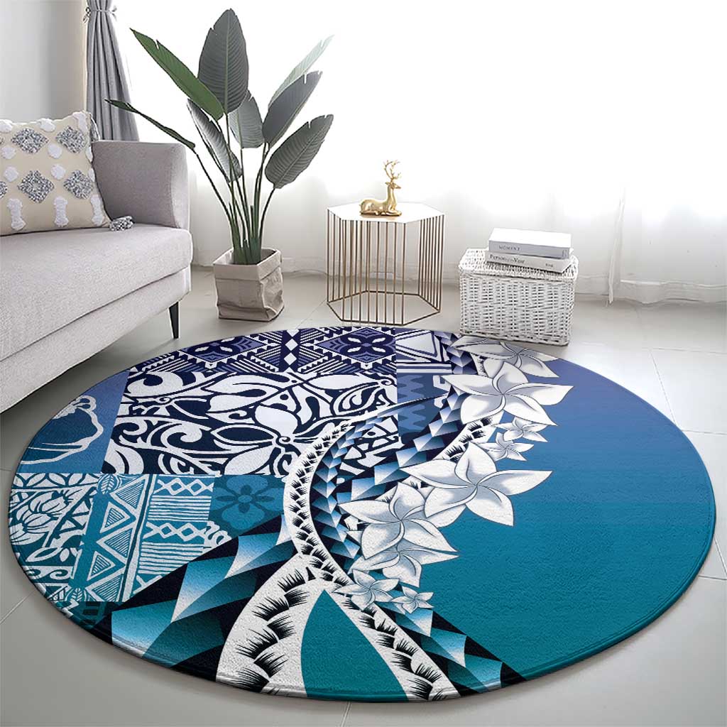 Aloha Vintage Plumeria Hawaiian Tapa Pattern Round Carpet Blue Hawaiian Tapa Pattern - Polynesian Pride