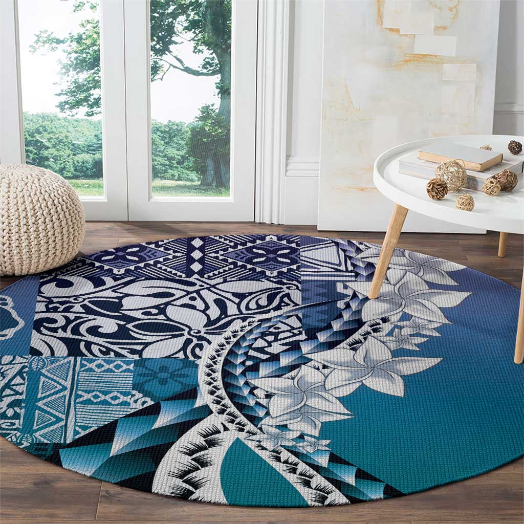 Aloha Vintage Plumeria Hawaiian Tapa Pattern Round Carpet Blue Hawaiian Tapa Pattern - Polynesian Pride