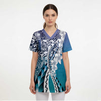 Aloha Vintage Plumeria Hawaiian Tapa Pattern Scrub Top Blue Hawaiian Tapa Pattern - Polynesian Pride