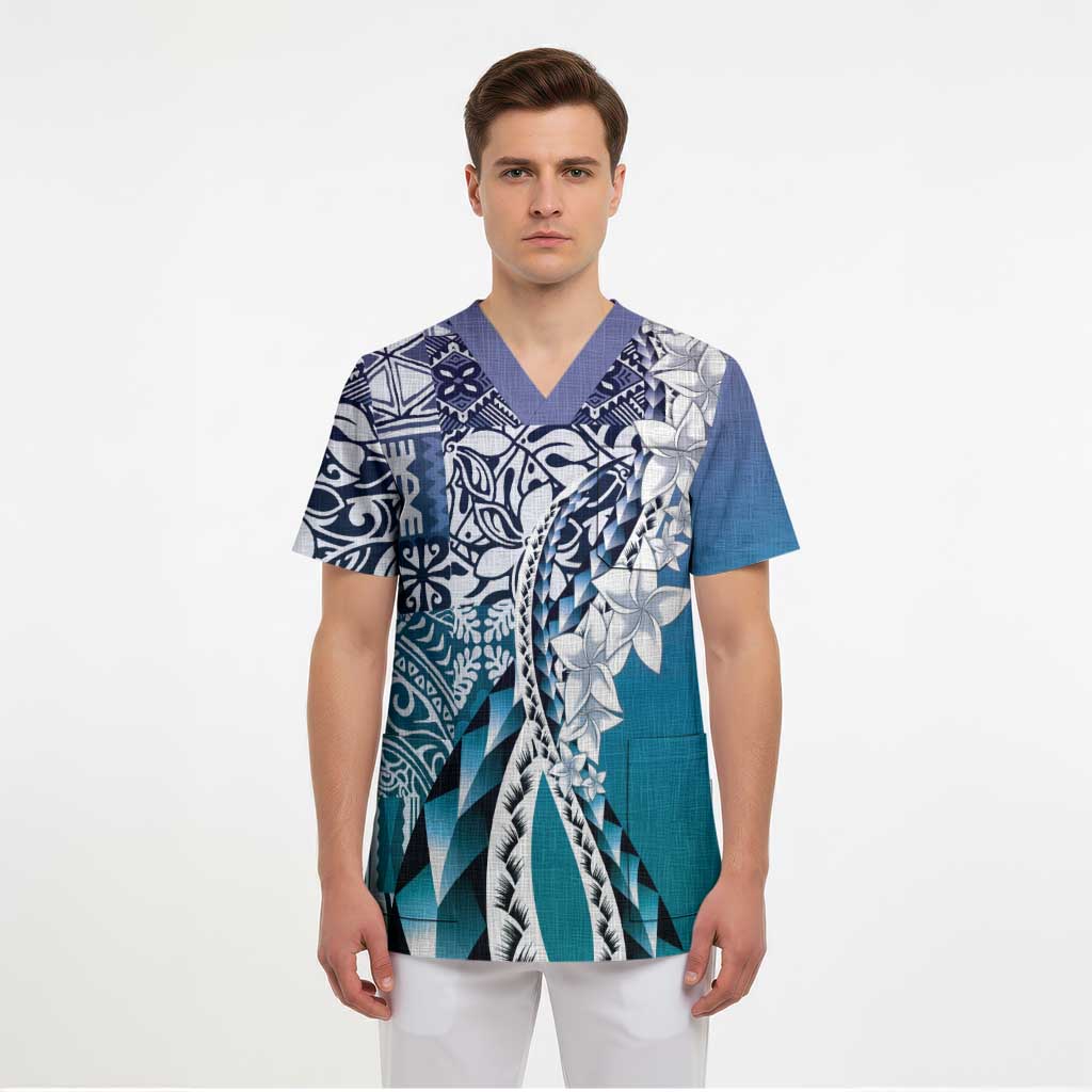 Aloha Vintage Plumeria Hawaiian Tapa Pattern Scrub Top Blue Hawaiian Tapa Pattern - Polynesian Pride