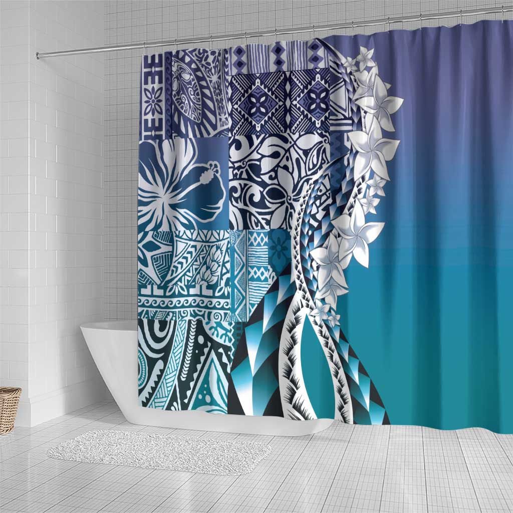 Aloha Vintage Plumeria Hawaiian Tapa Pattern Shower Curtain Blue Hawaiian Tapa Pattern - Polynesian Pride