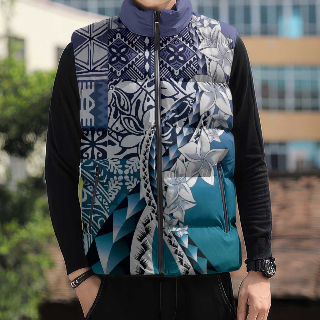 Aloha Vintage Plumeria Hawaiian Tapa Pattern Sleeveless Puffer Jacket Blue Hawaiian Tapa Pattern - Polynesian Pride