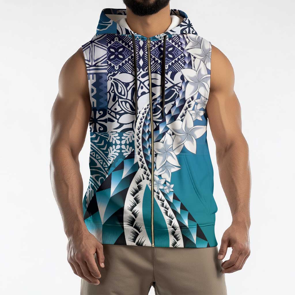 Aloha Vintage Plumeria Hawaiian Tapa Pattern Sleeveless Zip Hoodie Blue Hawaiian Tapa Pattern - Polynesian Pride