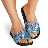 Aloha Vintage Plumeria Hawaiian Tapa Pattern Slide Sandals Blue Hawaiian Tapa Pattern - Polynesian Pride