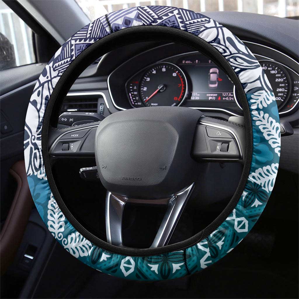 Aloha Vintage Plumeria Hawaiian Tapa Pattern Steering Wheel Cover Blue Hawaiian Tapa Pattern - Polynesian Pride