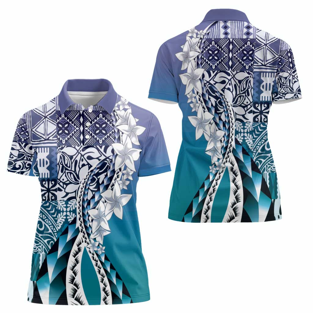 Aloha Vintage Plumeria Hawaiian Tapa Pattern Women Polo Shirt Blue Hawaiian Tapa Pattern - Polynesian Pride