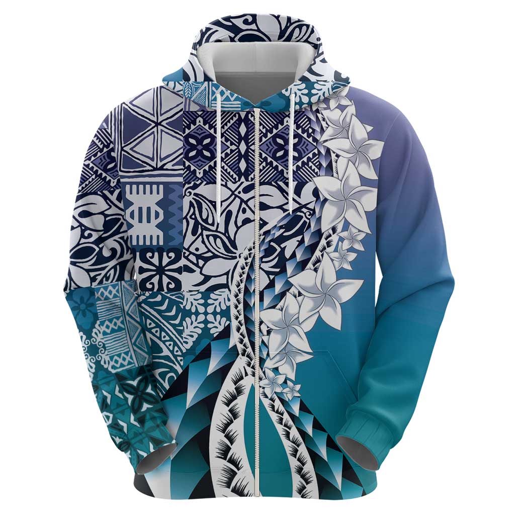 Aloha Vintage Plumeria Hawaiian Tapa Pattern Zip Hoodie Blue Hawaiian Tapa Pattern - Polynesian Pride
