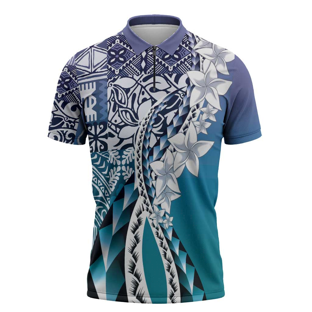 Aloha Vintage Plumeria Hawaiian Tapa Pattern Zipper Polo Shirt Blue Hawaiian Tapa Pattern - Polynesian Pride