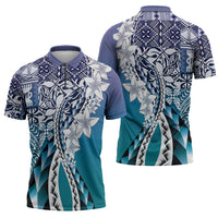 Aloha Vintage Plumeria Hawaiian Tapa Pattern Zipper Polo Shirt Blue Hawaiian Tapa Pattern - Polynesian Pride
