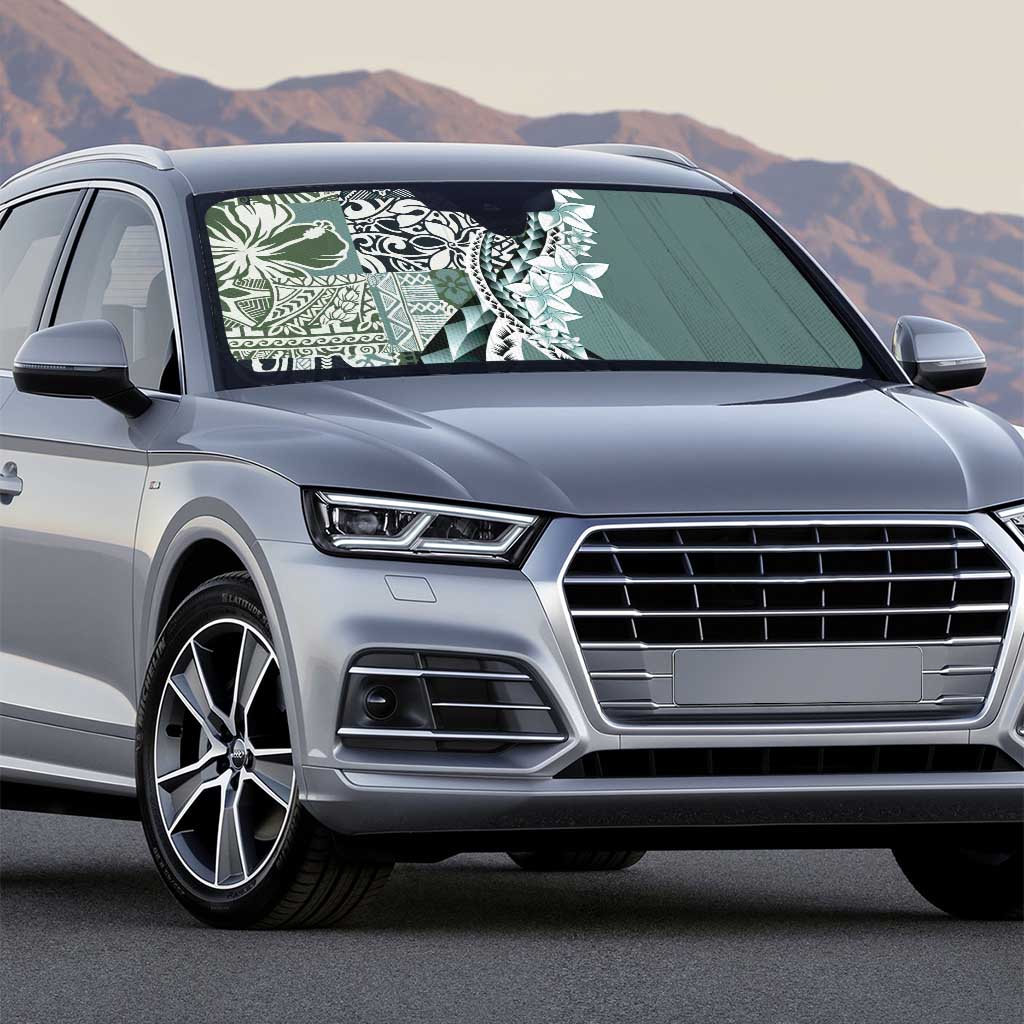 Aloha Vintage Plumeria Hawaiian Tapa Pattern Auto Sun Shade Dark Turquoise Hawaiian Tapa Pattern - Polynesian Pride